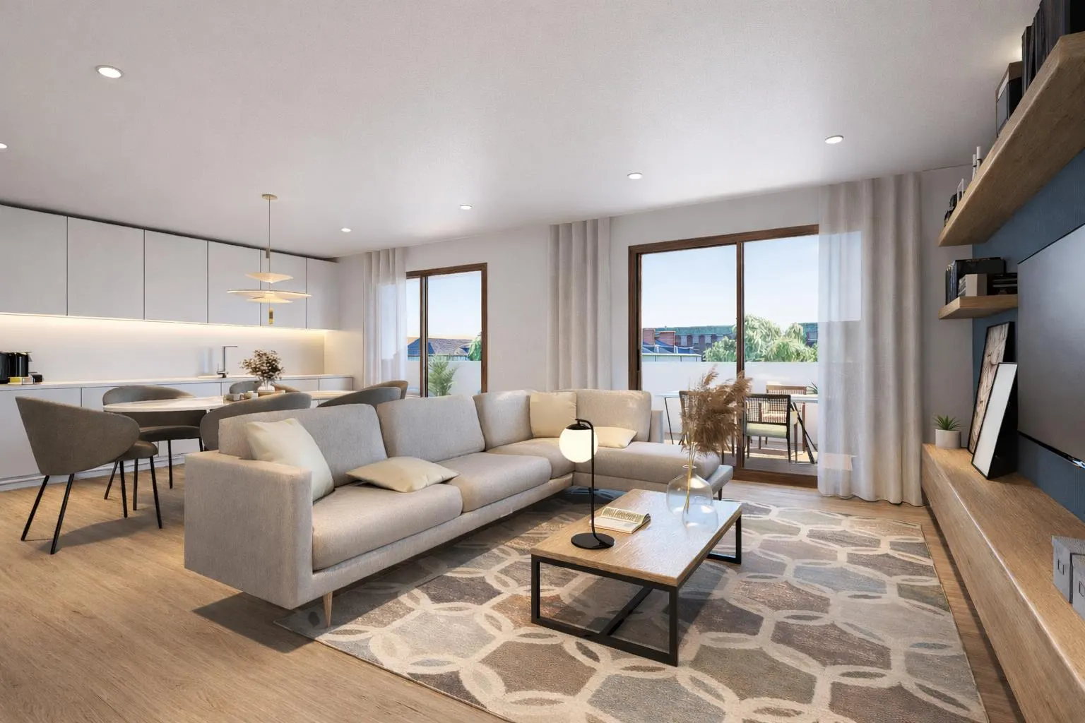 Render del salón luminoso de una vivienda de obra nueva en Calle Perú 29, Carballo