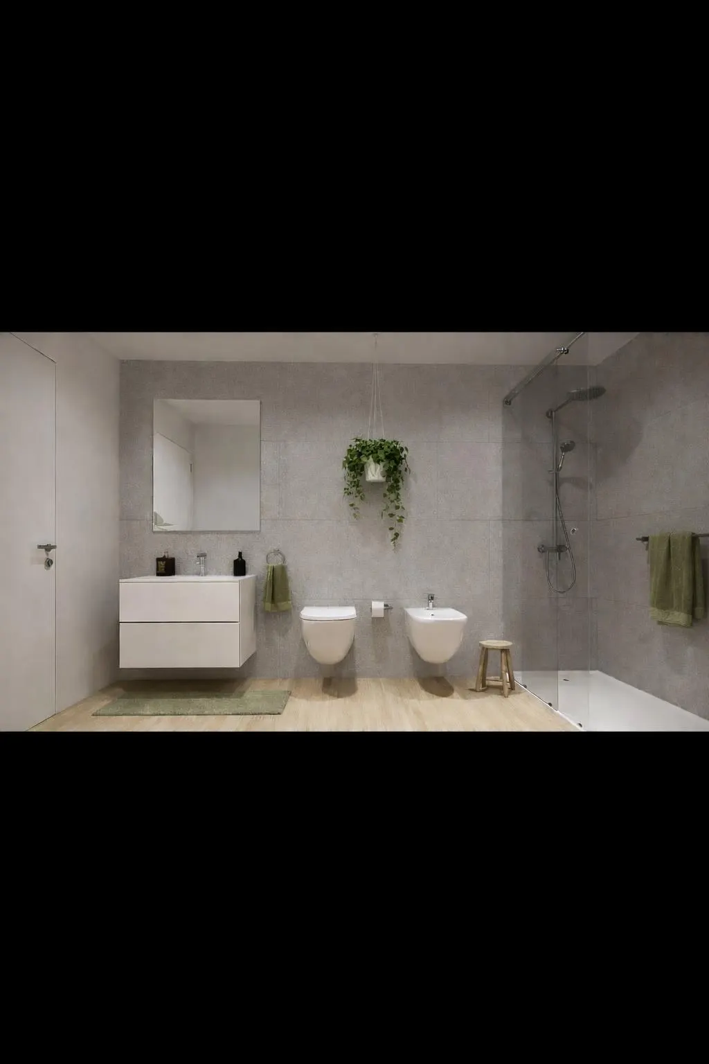 Baño completo con acabados minimalistas y mueble suspendido
